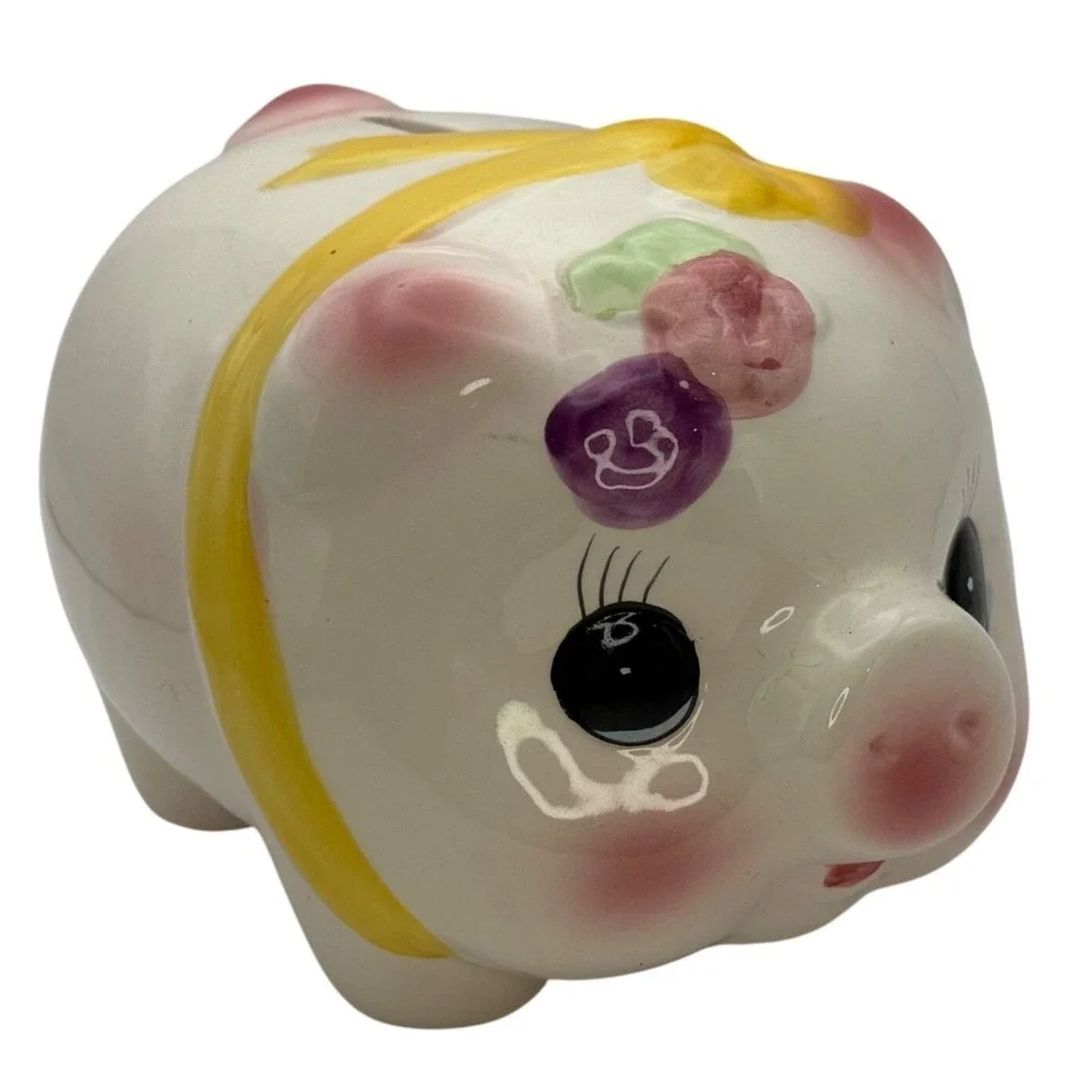Vtg Ceramic Piggy Bank with Yellow Bow & Flowers Cute Coin‎ Bank Nursery Decor
